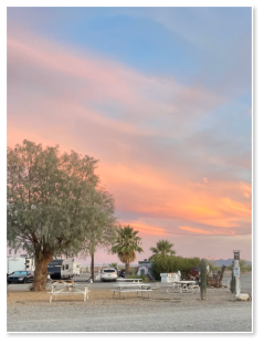 Sunset over the campground at Dreamers RV Park in Salome, Arizona.